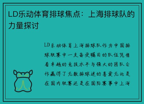 LD乐动体育排球焦点：上海排球队的力量探讨
